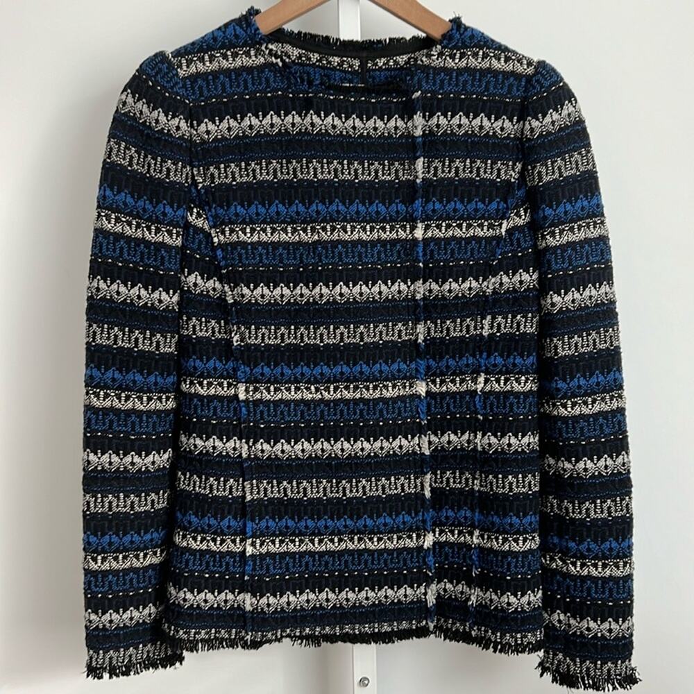 REBECCA TAYLOR variegated tweed jacket fray hem black blue white 6